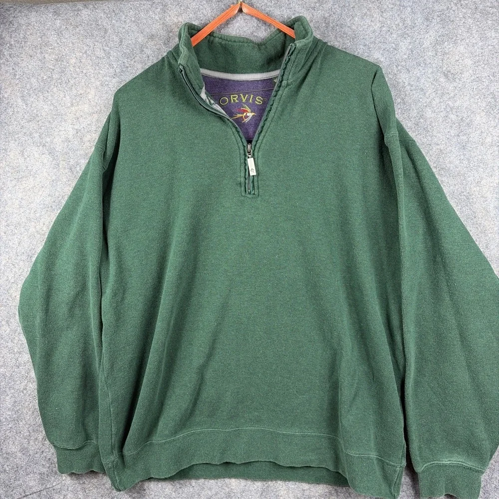Orvis Men's 1/4 Zip Pullover Thick Heavy 100% Cotton Sweater Green LG